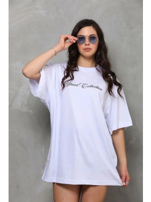 Tarz Yeri Kadın Baskılı T-Shirt Kısa Kol Bisiklet Yaka Regular Rahat Kalıp Günlük Tişört - Beyaz