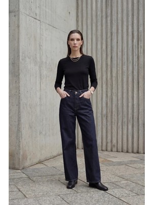 Hiccup Kadınlar MY FASHION Yüksek Bel Geniş Paçalı Cepli Kot Pantolon Lacivert