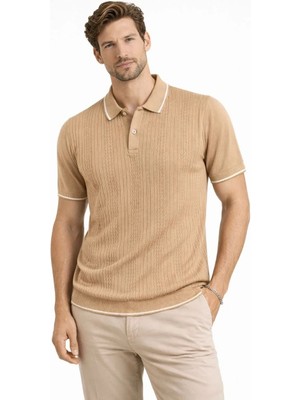 Erkek Düğmeli Yaka Triko Dokuma Tişört Desenli Yazlık Şık Günlük Triko Tişört - Kahverengi