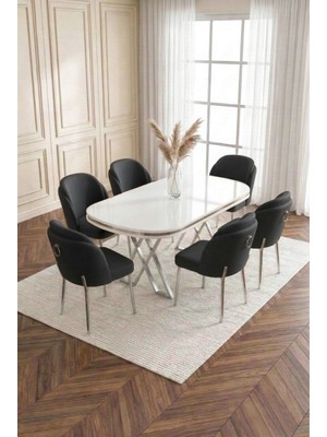 Milano Gümüş Serisi 90X168 Mdf Masa Metal Ayak Yemek Mutfak Takımı +6 Adet Silinebilir Sandalye