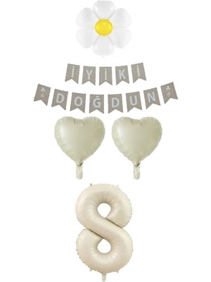 Feyza Design 8 Yaş Papatyalı Rakam Kalp Folyo Balon Doğum Günü Seti