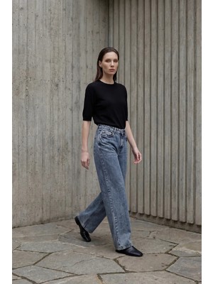 Hiccup Kadın My Fashıon Yüksek Bel Düz Paça Denim Pantolon Gece Mavisi