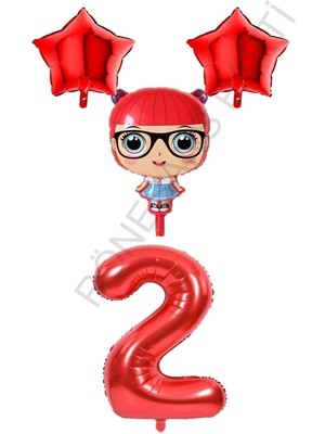 Feyza Design Kırmızı Renk Kız Bebek Rakam ve Yıldız Folyo Balon Seti Yaş 2