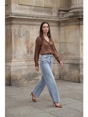 Hiccup Kadın MY FASHION Yüksek Bel Geniş Paçalı Cepli Kot Pantolon Buz Mavisi