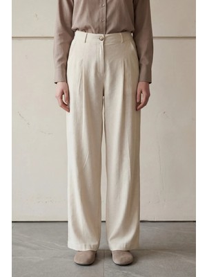 Hiccup Kadın My Fashıon Rahat Pileli Düz Paça Pantolon Krem Doğal
