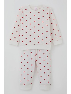 Breeze Kız Bebek Pijama Takımı Omuzdan Patlı Kalp Desenli 4 Ay-1 Yaş, Ekru