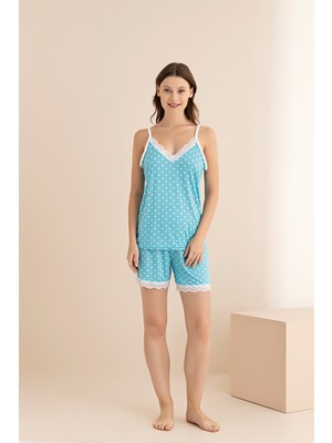 Piove Kadın Puantiyeli Şortlu Pijama Takımı – Askılı Dantelli Yazlık Pijama