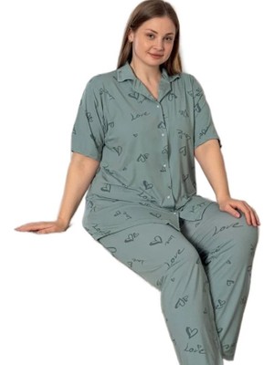 Bipamuk Veluna Chic Büyük Beden Kadın Pijama Takımı Gömlek Yaka Kısa Kol  3xl–6xl