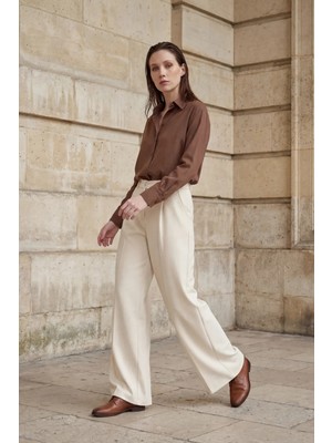 Hiccup Kadın My Fashıon Yüksek Bel Pileli Düz Paça Pantolon Krem Doğal