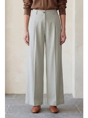 Hiccup Kadın My Fashıon Rahat Pileli Düz Paça Pantolon Adaçayı Yeşili