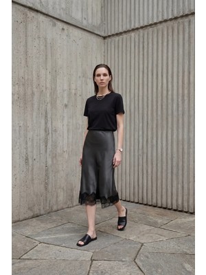 Hiccup Kadın My Fashıon Dantel Detaylı Saten Midi Etek Siyah