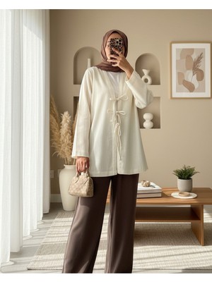 Modamorfo Önü Üç Bağcıklı Keten Kimono -Bej