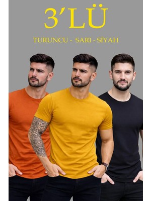Erkek 3'lü Bisiklet Yaka Tişört – Kısa Kollu Yazlık Slim Fit Body - Siyah, Turuncu, Sarı
