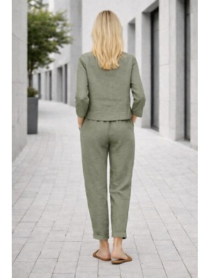 Keten Günlük Rahat Beli Kemerli Kadın Ikili Takım Alt Üst