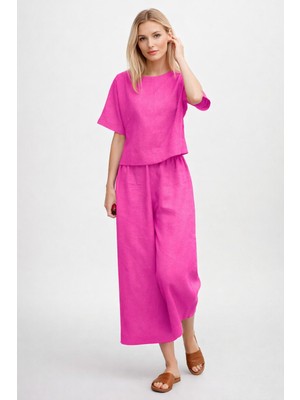 Günlük Rahat Beli Lastikli Kadın Keten Fuşya Ikili Takım Alt Üst