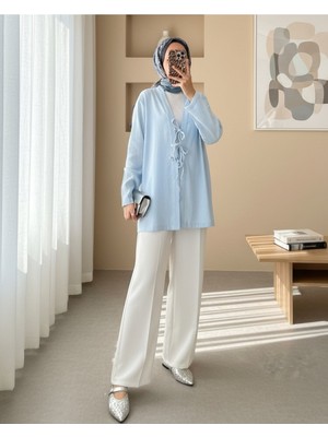 Modamorfo Önü Üç Bağcıklı Keten Kimono -Bebe Mavi