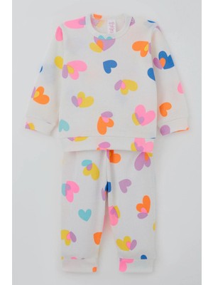 Breeze Kız Bebek Pijama Takımı Omuzdan Patlı Renkli Kalp Desenli 4 Ay-1 Yaş, Beyaz