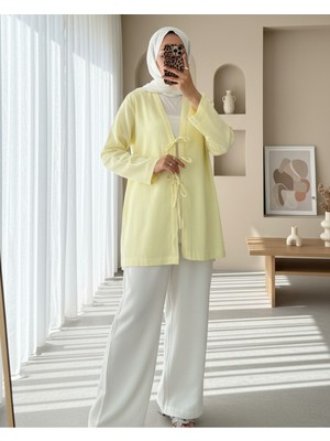 Modamorfo Önü Üç Bağcıklı Keten Kimono -Açık Sarı