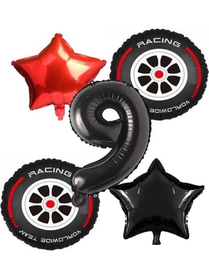 Feyza Design Yarış Lastiği Yıldız ve Siyah Rakam Folyo Balon Seti - Yeşil