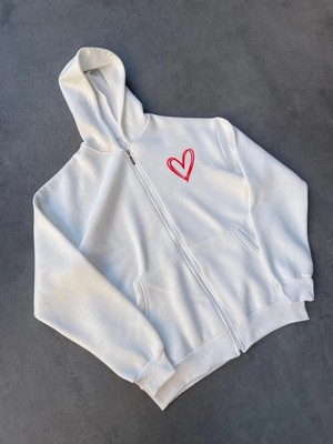 Kadın Üç Iplik Baskılı Fermuarlı Kapüşonlu Hırka - Beyaz