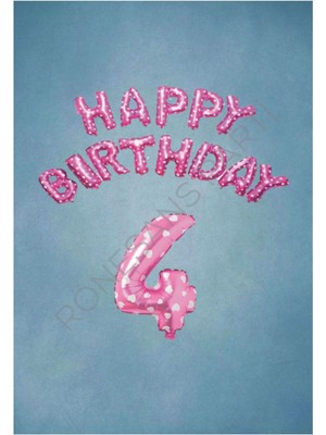 Feyza Design Pembe Puanlı Happy Bırthday ve Rakam Folyo Balon Seti Yaş 4