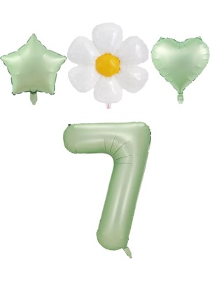 Feyza Design 7 Yaş Su Yeşili Renk Rakam Yıldız Kalp ve Papatya Folyo Balon Seti