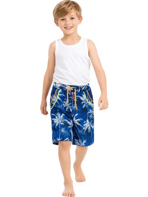 Mackays Erkek Çocuk Tropikal Desenli Yazlık Deniz & Plaj Şortu 7-11 Yaş Mavi Palmiye Baskılı