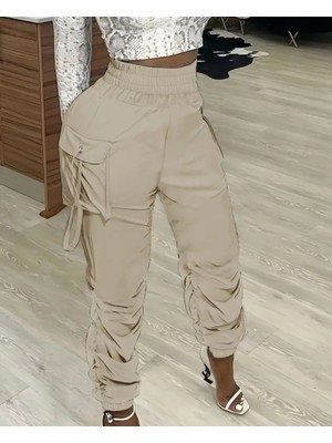 Runiquehome Kadın Yüksek Bel Beli Lastikli Kargo Cep Detaylı Gabardin Pantolon