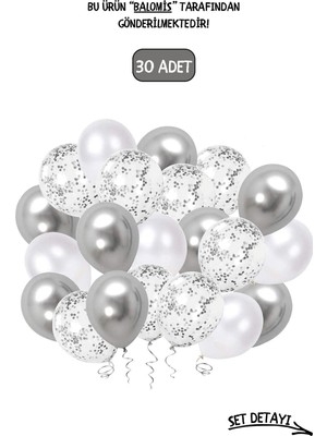 Feyza Design Metalik Beyaz ve Krom Gümüş Şeffaf Balon Seti 30'lu 11 Inç