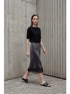 Hiccup Kadınlar MY FASHION Yüksek Bel Saten Midi Etek Arduvaz Grisi