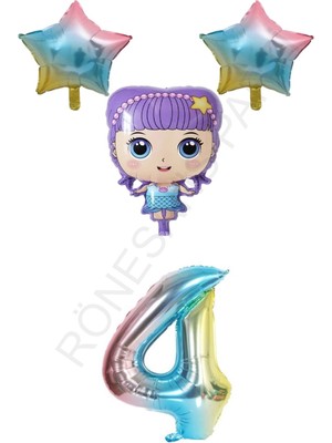Feyza Design Mor Renk Gökkuşağı Rakam ve Yıldız Folyo Balon Seti (Yaş 4)