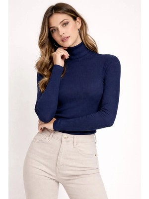 Kadın Tam Boğazlı Fitilli Likrali Kaşkorse Badi Ince Uzun Kollu Kazak - Lacivert