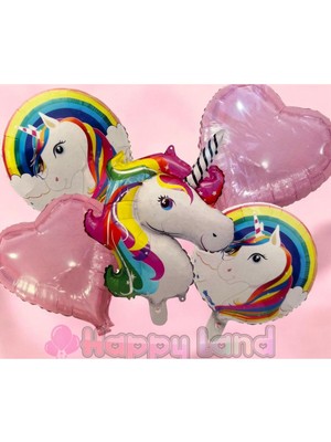Feyza Design 5'li Pembe Unicorn Folyo Balon Seti, Doğum Günü Süsü