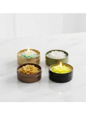 Melinee Lotus Figürlü Dekoratif 4'lü Mum Seti - Mix Renkli Metal Teneke Kutu - Kokulu & Renkli Özel Tasarım
