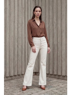 Hiccup Kadın My Fashıon Yüksek Bel Ispanyol Paça Denim Pantolon Krem Doğal