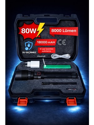 Edison Yüksek Lümen Zoomlu Şarjlı Güçlü El Feneri 80W 8000 Lm 18000 Mah Powerbank Özellikli Büyük Fener Uzun Menzilli