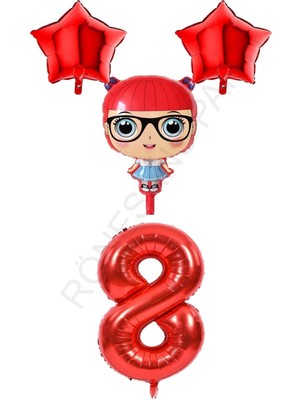Feyza Design Kırmızı Renk Kız Bebek Rakam ve Yıldız Folyo Balon Seti 8 Yaş