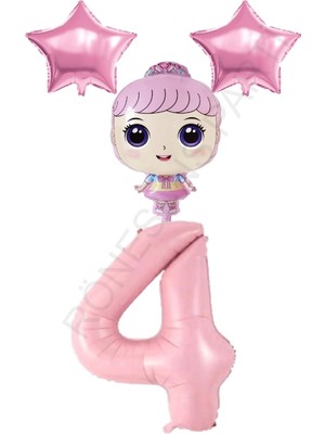 Feyza Design Pembe Renk Rakam ve Yıldız Folyo Balon Seti - Yaş 4 Için Eğlence