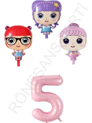 Feyza Design Pembe Renkli 3 Karakter Kız Bebek ve Rakam Folyo Balon Seti