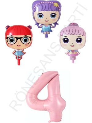 Feyza Design Pembe Renkli 3 Karakter Kız Bebek ve Rakam Folyo Balon Seti