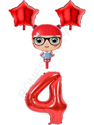 Feyza Design Kırmızı Renk Kız Bebek Rakam ve Yıldız Folyo Balon Seti
