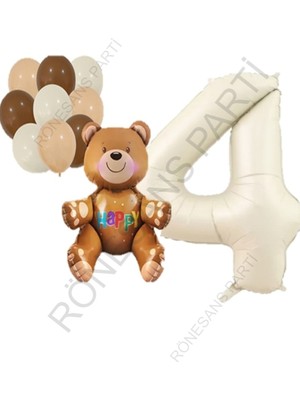 Feyza Design Bej Rakam Ayı Folyo ve Latex Balon Seti Yaş 4