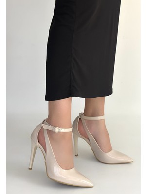 Alfaze Bej Rugan Sivri Burun Ince Topuklu Şık Stiletto Ayakkabı Topuk Boyu 10 cm