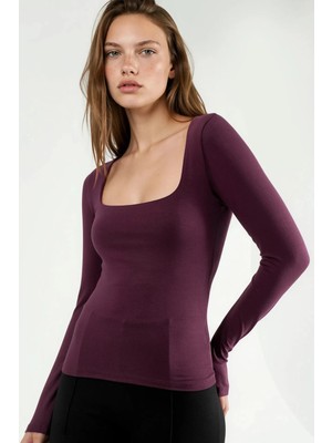 Hiccup Kadın Busem Kare Yaka Vücuda Oturan Uzun Kollu Bluz Leylak Moru