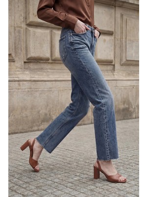 Hiccup Kadın My Fashıon Yüksek Bel Bilek Boy Düz Paça Denim Pantolon Gece Mavisi