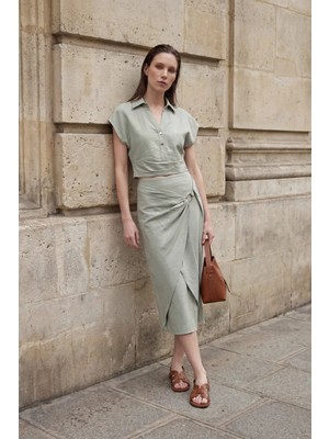 Hiccup Kadın MY FASHION Yüksek Bel Keten Karışımı İki Parçalı Gömlek Yakalı Takım Adaçayı Yeşili