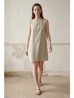 Hiccup Kadın MY FASHION Kolsuz Keten Karışımı Midi Kesimli Elbise Adaçayı Yeşili