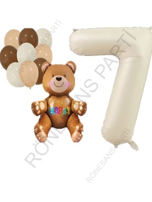 Feyza Design Bej Rakam Ayı Folyo ve Latex Balon Seti Yaş 7