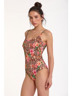 Argento Kadın Leopar Desenli Sabit Ince Kaplı Yuvarlak Yaka Toparlayıcı Mayo