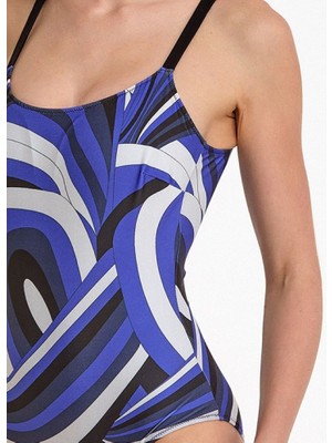 Argento Kadın Siyah Geometrik Desenli Sabit Ince Kaplı Yuvarlak Yaka Toparlayıcı Mayo